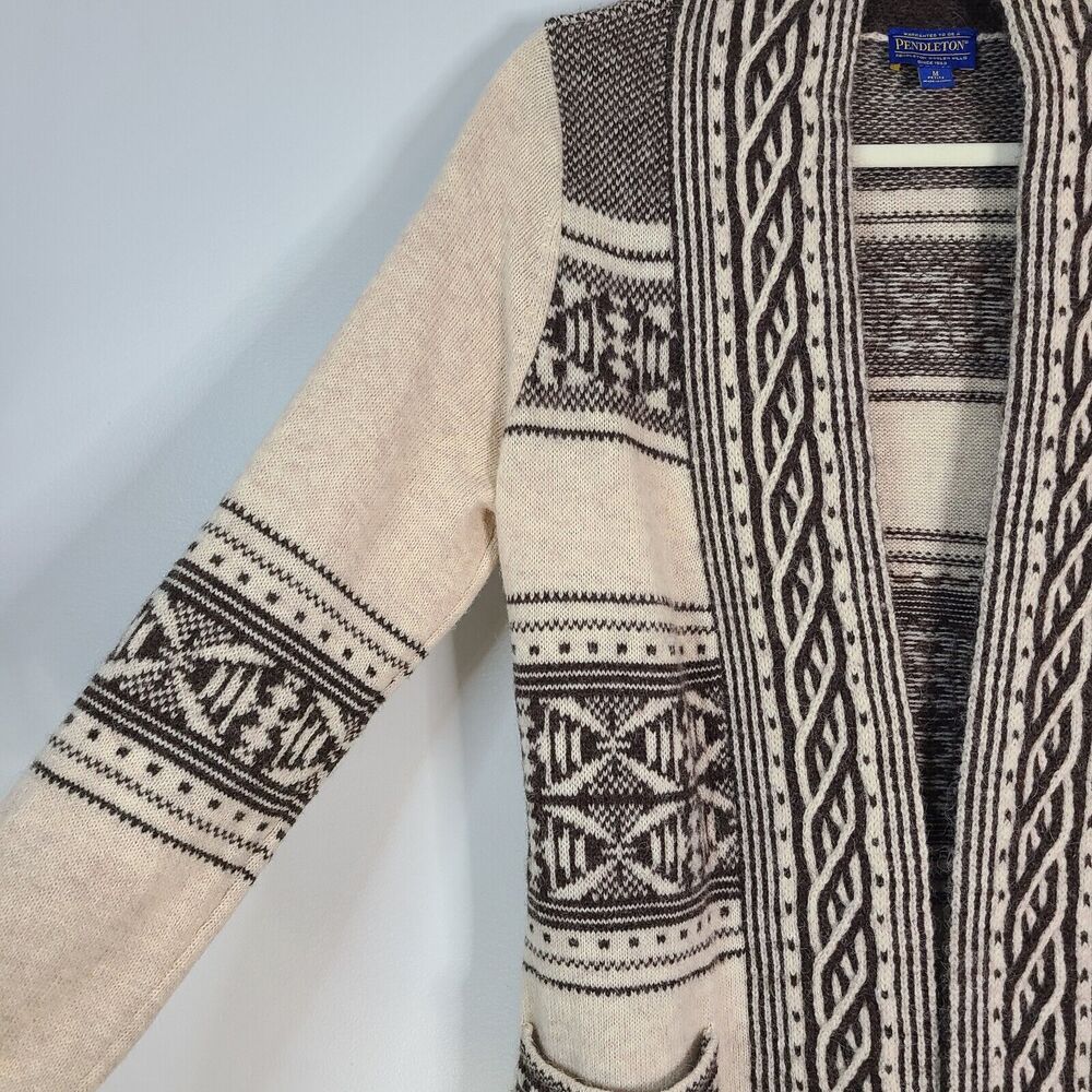 PENDLETON Wool Alpaca Discovery Cardigan Medium Petite Brown Cream Western FLAW - Picture 7 of 16